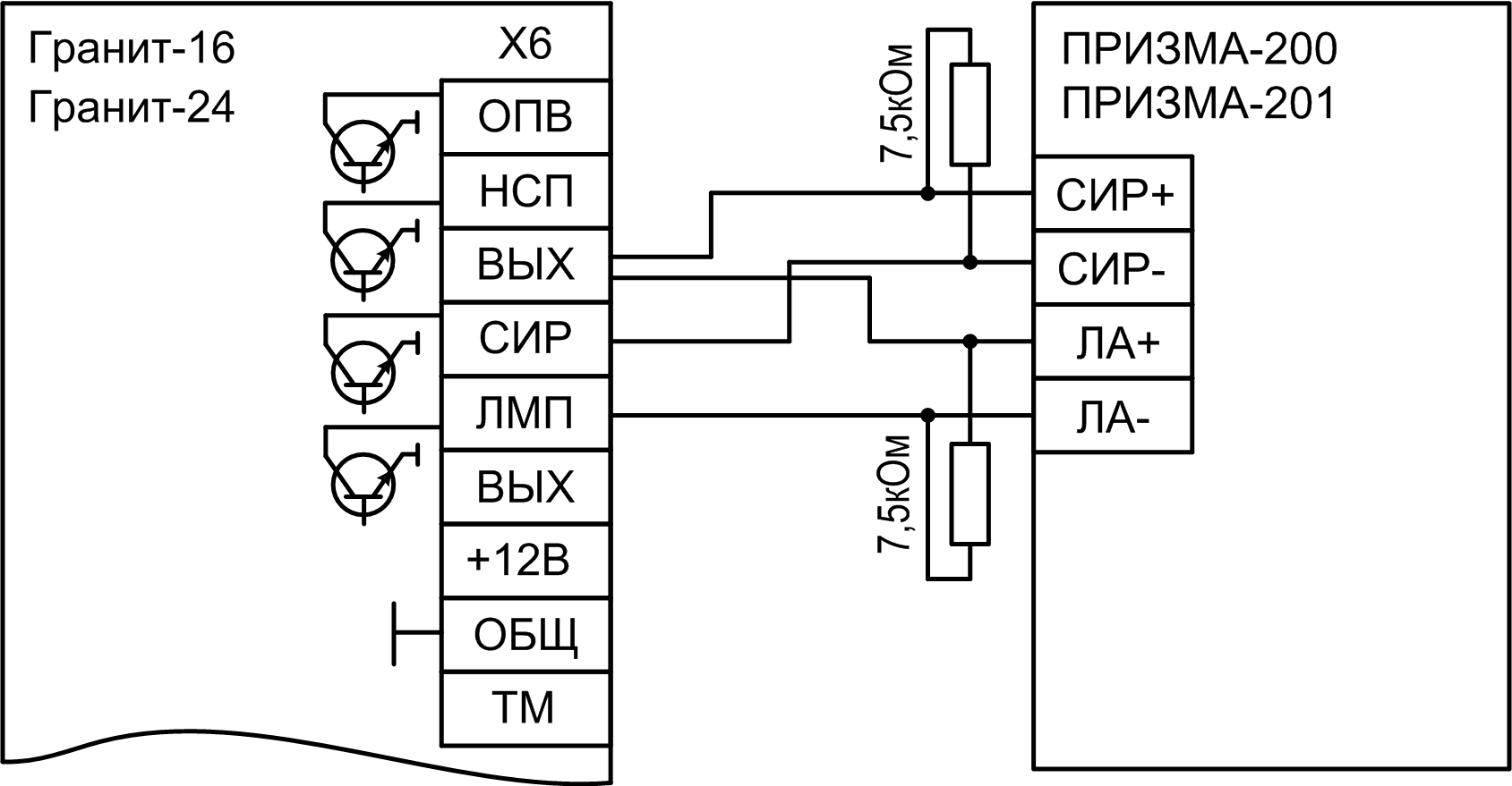 Схемы подключений оповещателей Призма-200,-201 к ППКУОП Гранит-16_24 Прибор приемно-контрольный охранно-пожарный Гранит-16. Изображение 1